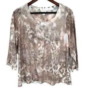 Chicos Size 2 LARGE Embellished Blouse Shirt Top 3/4 Sleeve Business Floral